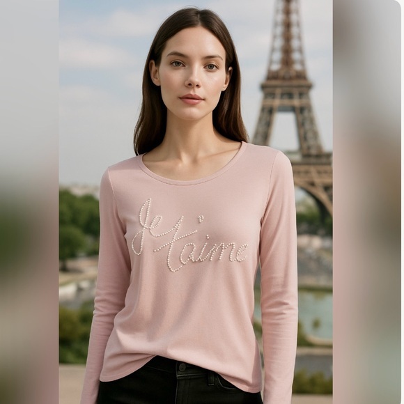 Chico’s Je T’aime Pink Pearl Long Sleeve Tee Shirt Top Small - Picture 1 of 15